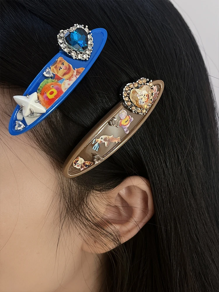 Retro Surfing Board Print Hair Clip for Women Old Friend Memory Resin Rhinestone Heart Side Clip Bangs Clip Duckbill Clip