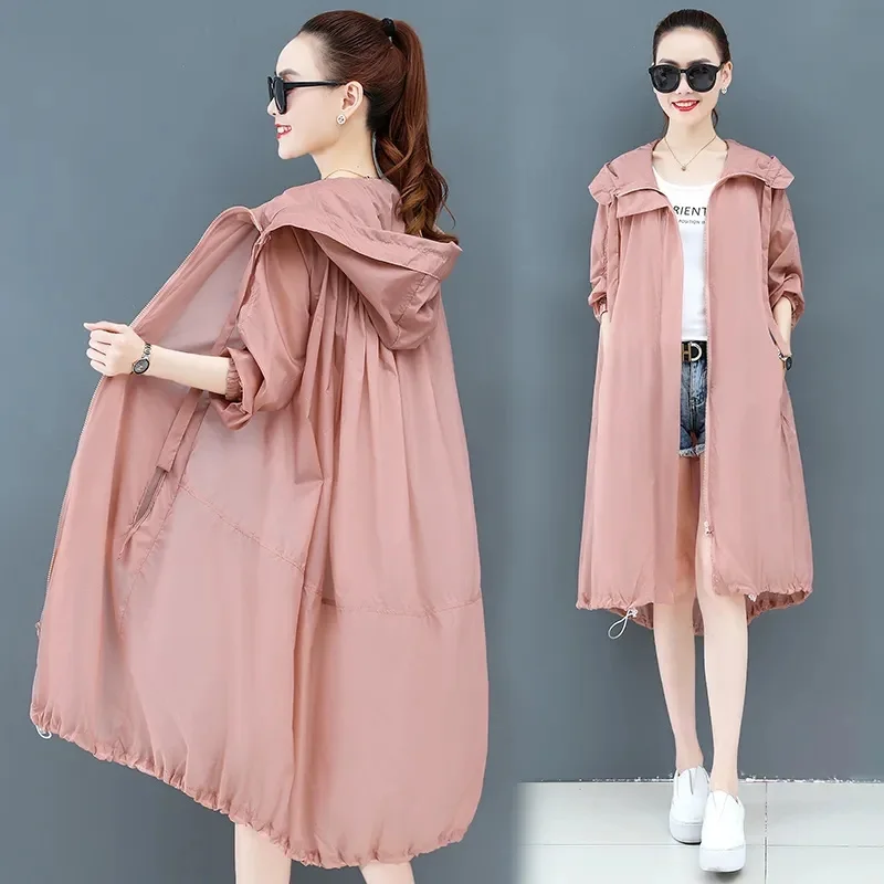 

2024 New Summer Korean Female Jacket Outwear Fashion Loose Casual Sun Protection Clothing Women Long Solid Hooded Thin Coat Tops