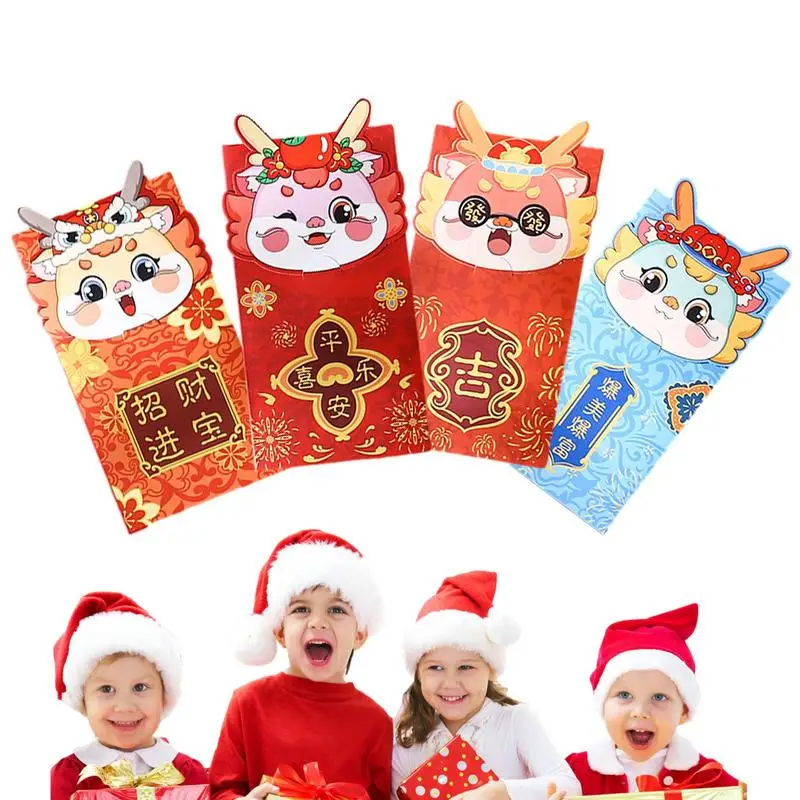 4pc Cute Dragon Year Red Envelopes Spring Festival Money Pockets Chinese Style Lucky Packet Cartoon Gift Bag For Birthday Spring