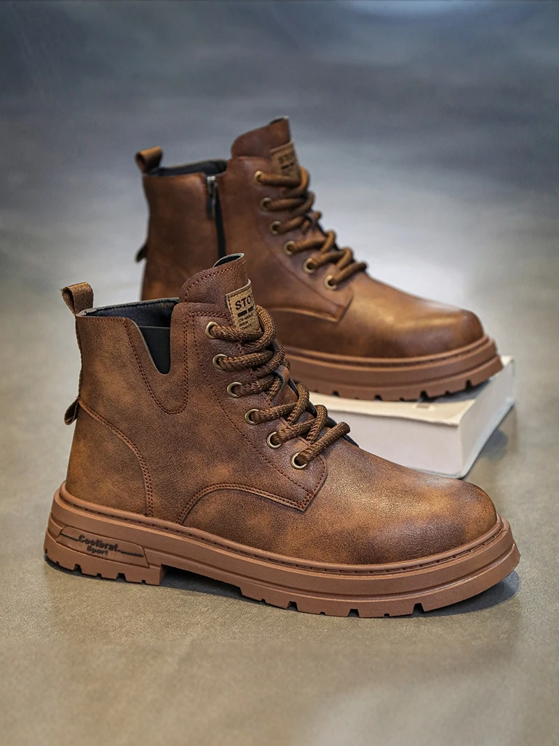 

Men's High Top Boots Retro Trendy Work Shoes Thick Bottom Heightening British Style Leather Boots Casual Spring Autumn