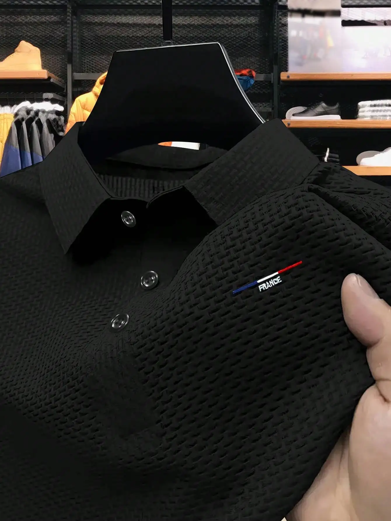 

Black Textured Weave Polo Shirt with Flag-Style Embroidery, Casual Business Fit