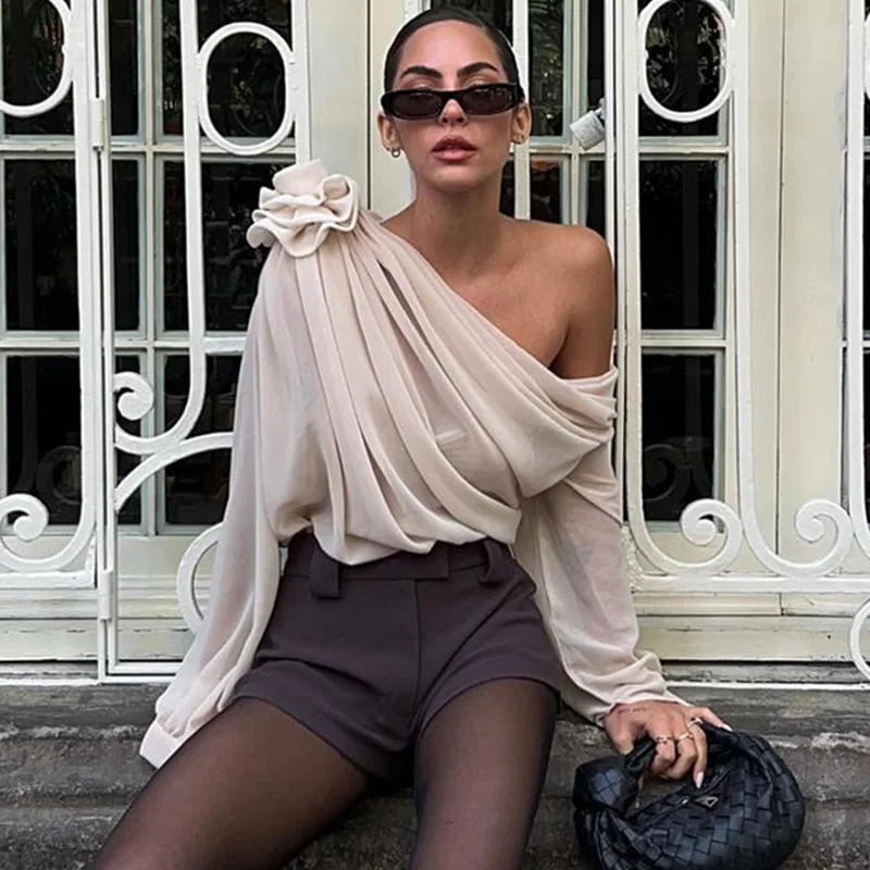 Spring Women's Fashion Street Sexy Mesh Slanted Shoulder Flower Decoration Long Sleeved T-Shirt Elegant Club Perspective Top