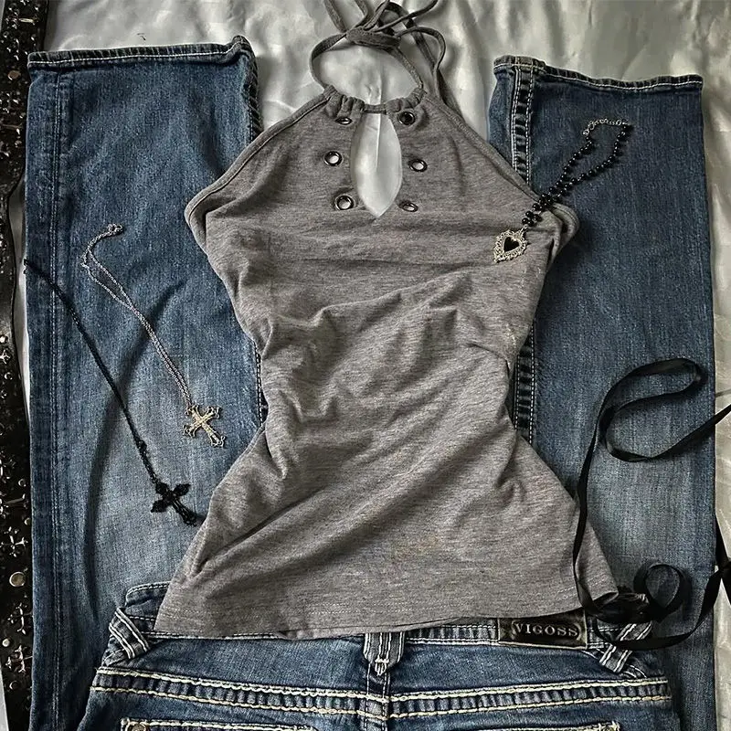 Vintage Retro Spicy Girl Gray Women Streetwear Sleeveless Tank Tops Hanging Neck Vest Slim Fit Tops New Style 2025 Summer New