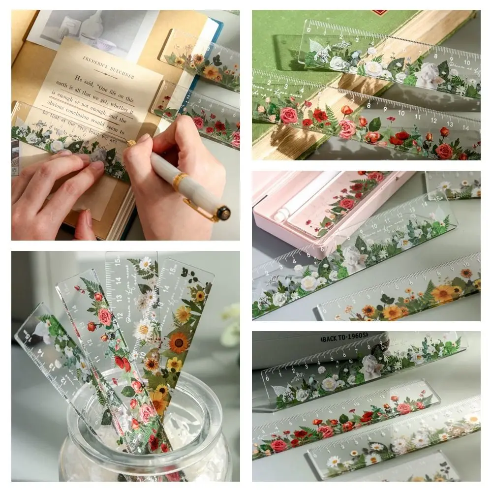 

Creative Multifunction 15cm Straight Ruler Transparent Acrylic Math Drawing Ruler Rose Daisy DIY Drawing Tools Office