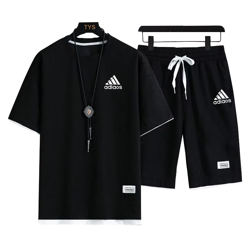 

2026 Summer Printed Men's Suit Fashion Casual Sports Round-neck Short-Sleeved T-shirt + Elastic-Waist Five-Piece Shorts Set