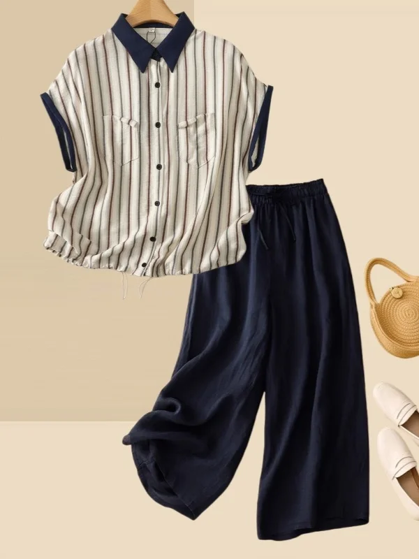 

Summer 2026 Women's Cotton Linen Stripe Print Shirt Short Sleeve Top And Wide Leg Pants Two Piece Set Mom's Clothing