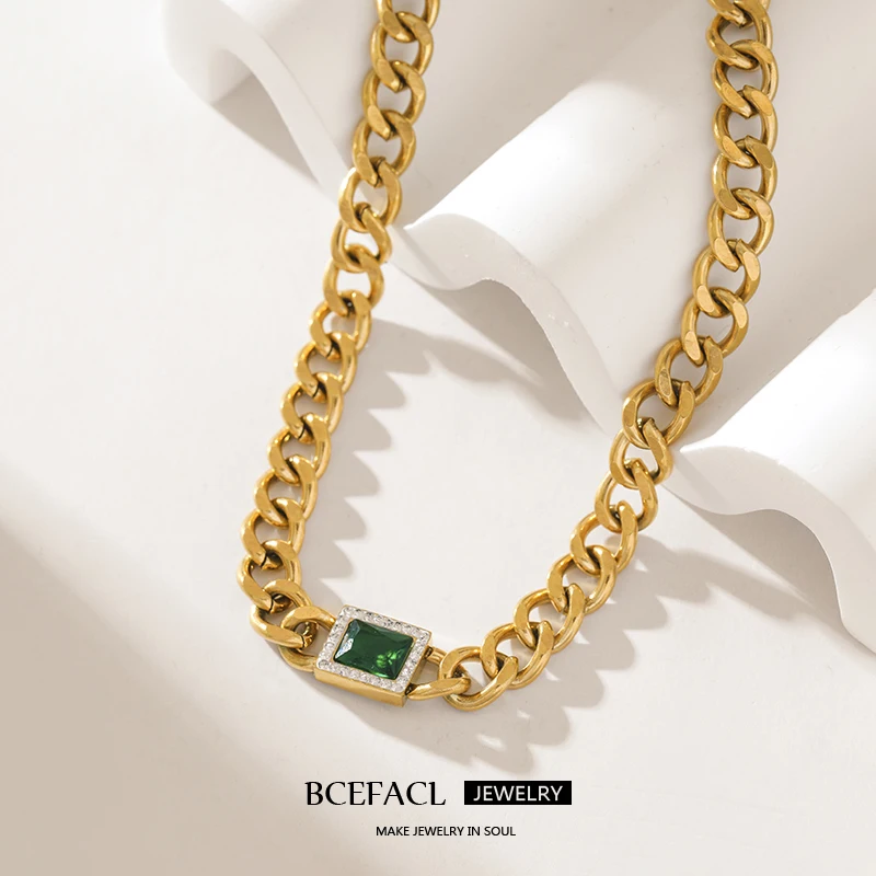 BCEFACL 316L Stainless Steel Square Green Crystal Zircon Pendant Necklace For Women Girl New Trend Thick Chain Jewelry Gift