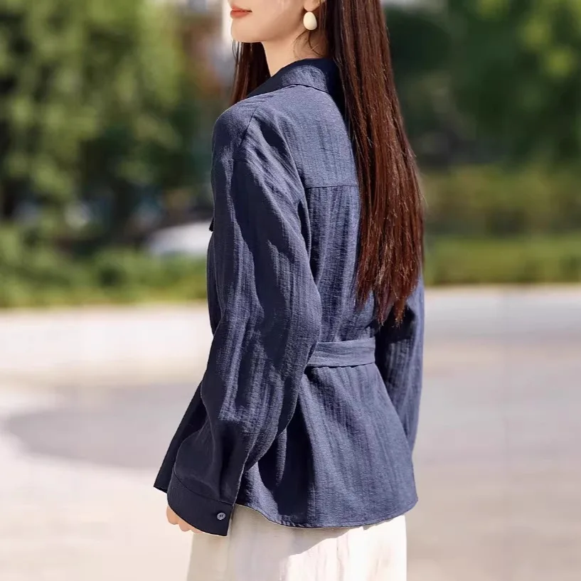FANAN Elegant Belt Gathered Waist Ddark Blue V-Neck Pocket Long Sleeve Shirt For Women 2026 Summer New Simple Blouses Female