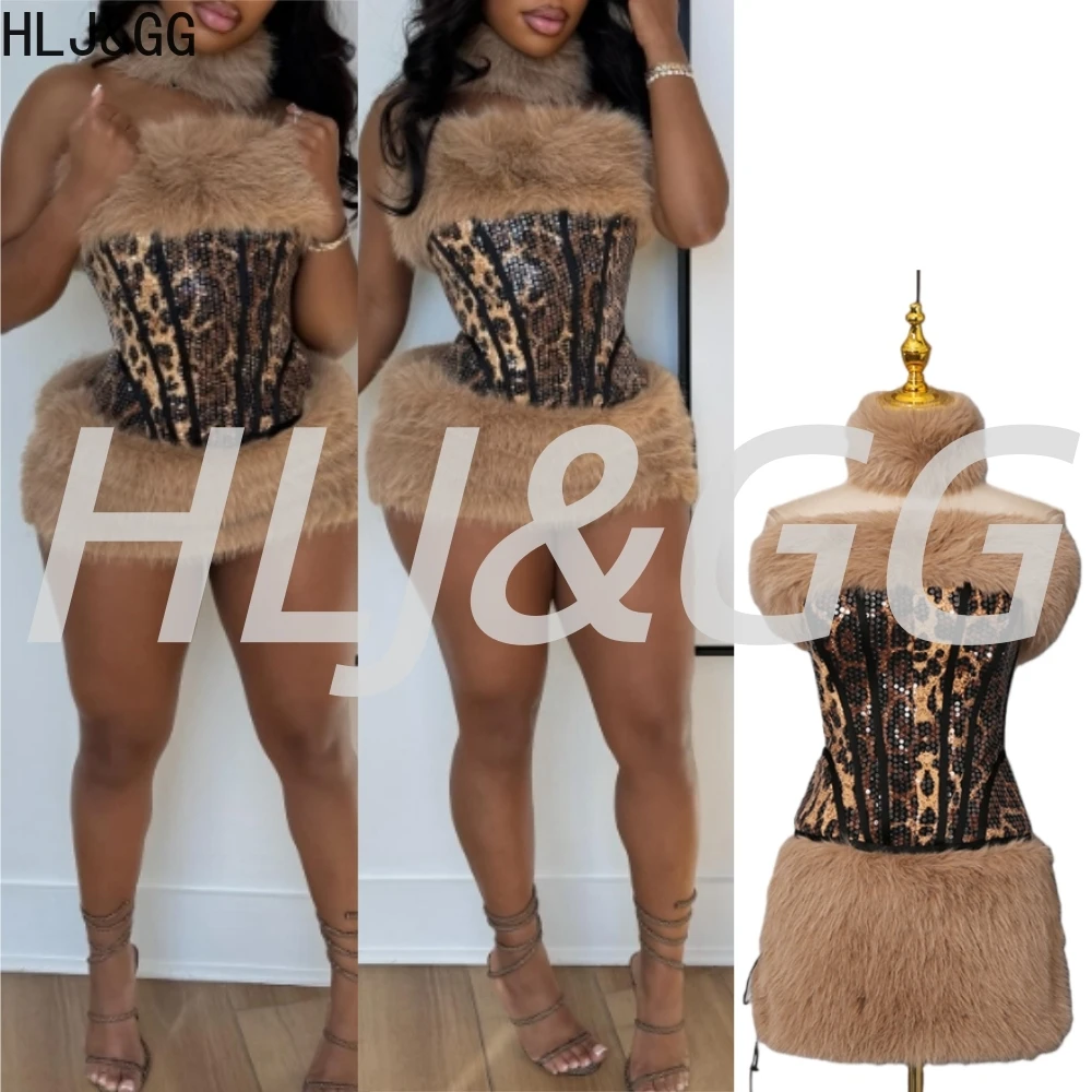 

HLJ&GG Sexy Y2K Leopard Sequin Fur Design 3 Piece Sets Women Off Shoulder Slim Tops And Mini Skirts Outfits Fashion Streetwear
