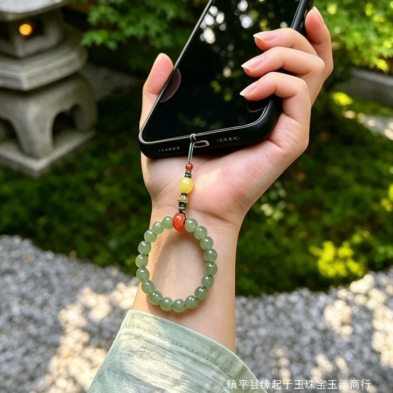 Natural Handmade New Hetian Jade Chain Ancient Style Beaded Phone Ring Pendant