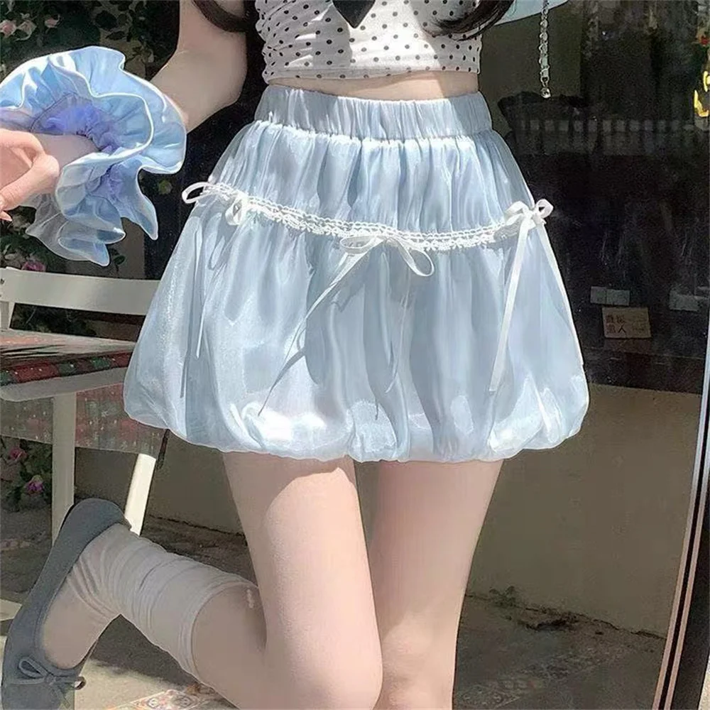 Trendy White Puffy Bloomers Women Y2k Ruffled Satin Short Skirts High Waist Casual Lounge Tutu Streetwear Ladies Mini Underskirt