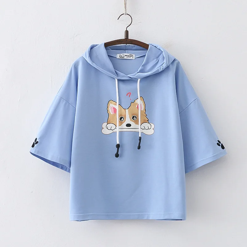 2024 Summer New Cute Tshirt Women Cartoon Corgi Print Hooded T-shirt Harajuku Aesthetic Tee Top Teenager Girls Kawaii Clothes