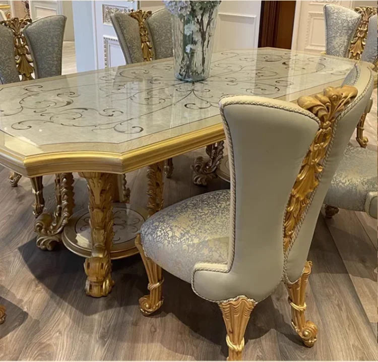 European dining table solid wood carved rectangular shell parquet craft French court high-end retro dining table