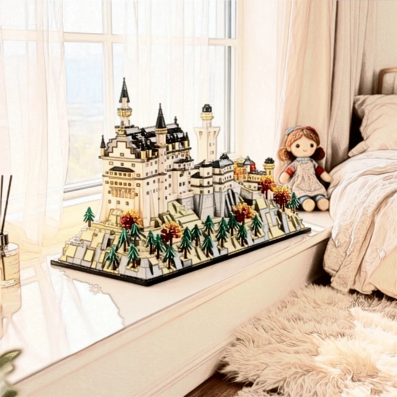 Europejski Zamek Las Krajobraz Klocki Zabawka DIY Zamek Neuschwanstein Model Architektoniczny Prezent na Boże Narodzenie