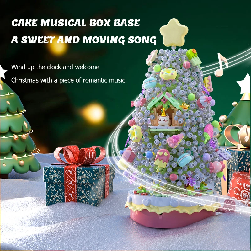 1365pcs Sweetheart Christmas Tree Light Music Box Building Blocks MOC Cat Flowers Model Bricks Home Decoration Gifts Girls Toys