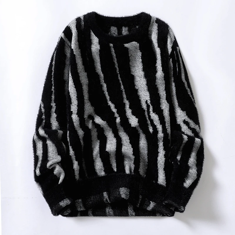 Men Autumn Winter Half High Collar Leisure Zebra-print Round Neck Knit Handsome Slim New Pullover with Thick Foundation