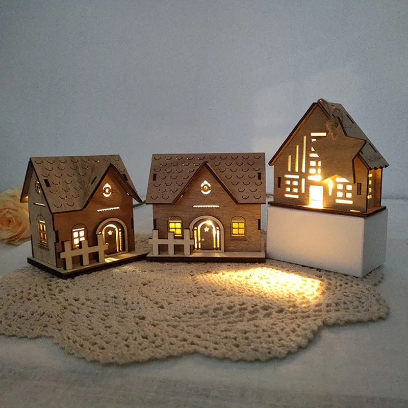 Adornos de cabina de troncos de madera brillantes, Mini Casa, festival, artesanía de madera, juguetes de luz LED DIY, regalo para niños, decoración de ventanas, nuevo