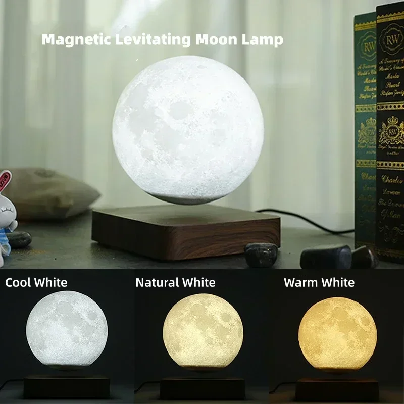 Levitating 3D Moon Lamp LED Neon  Night Light 360° Rotating Magnetic Bedside Table Lamp with Wooden Base and Magnetic for Gift