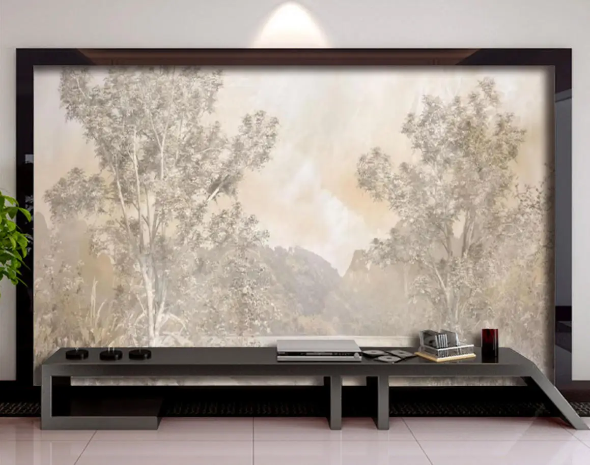 Custom Sized Murals Featuring Deep Brown Landscapes, Trees, Rivers, and Distant Hills. Retro Watercolor Mural 3D Wallpaper