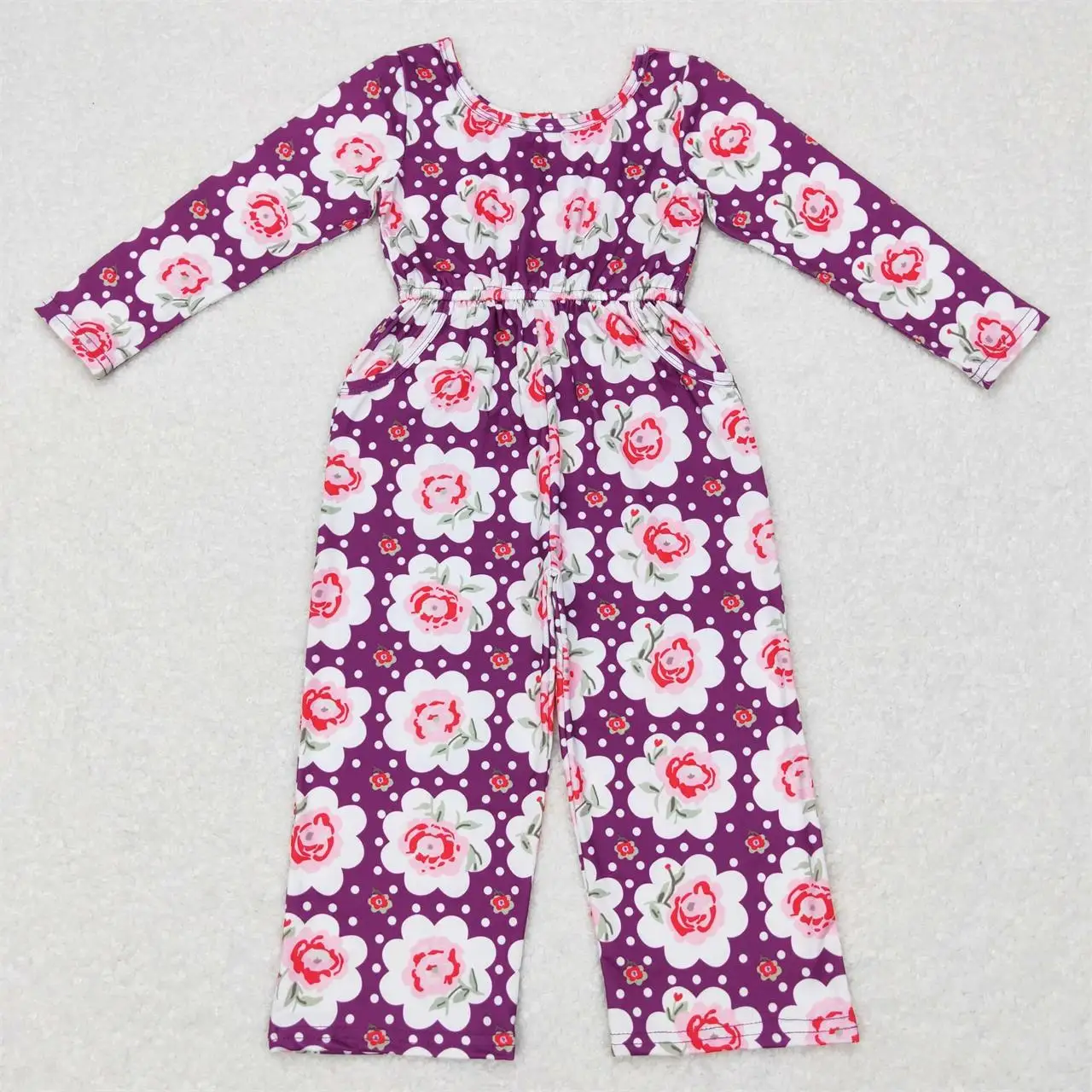 

Wholesale Toddler Children Long Sleeve Flower One-piece Kid Pants Infant Overalls Purple Romper Baby Girl Floral Pocket Jumpsuit