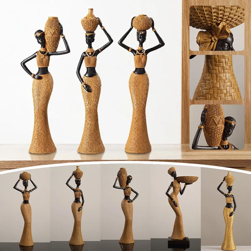 Vintage Woven Texture African Girl Resin Sculpture Home and Office Decorative Storage Ornament Collectible Craft Desktop Decor