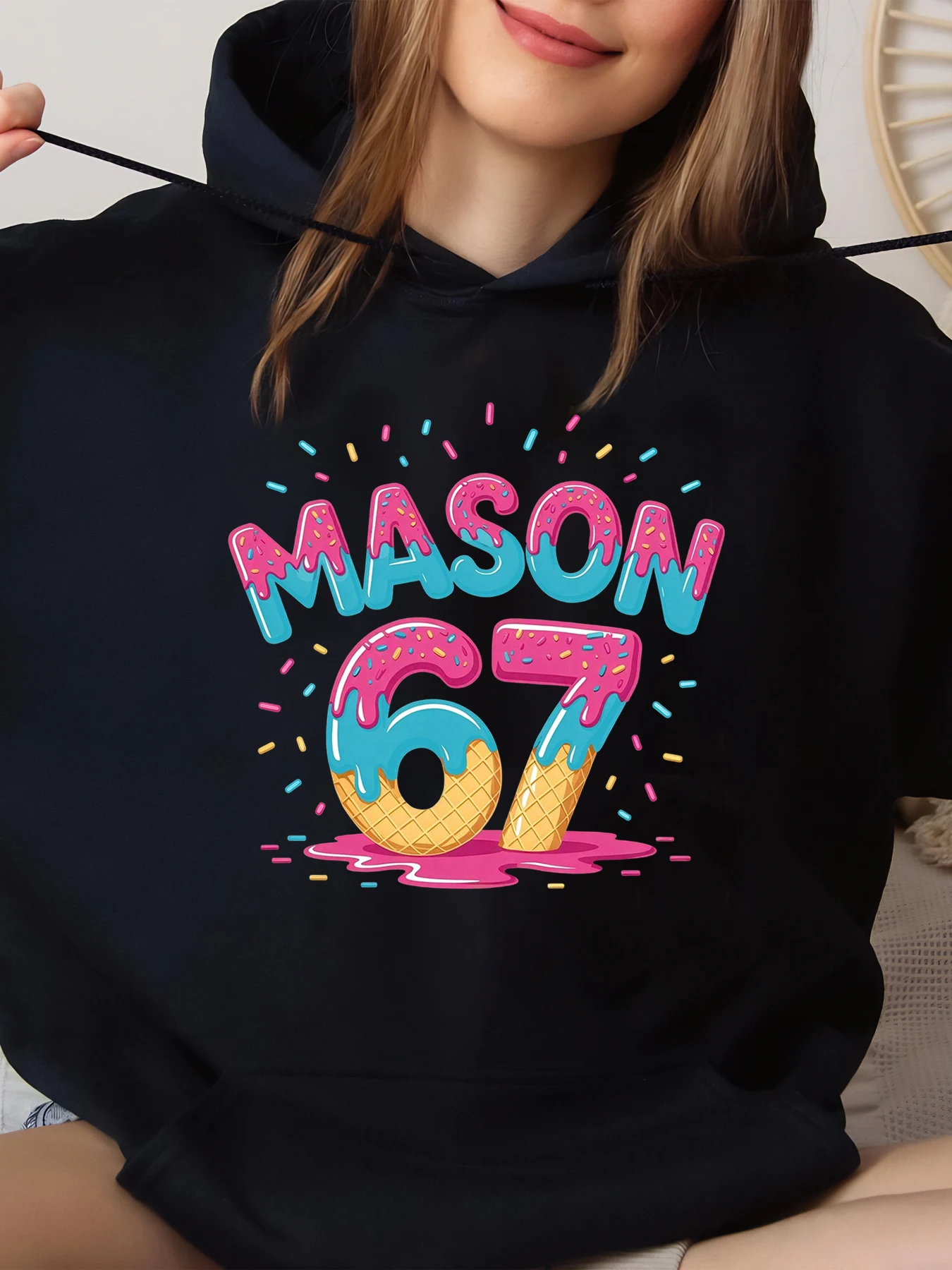 

Mason 67 Ice Cream Drip Design Birthday Celebration Hoodie Casual Wear for Party Black Big Size