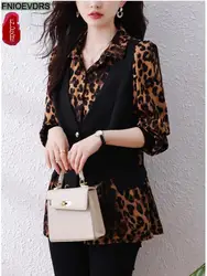 L-5XL Loose Clothes 2023 Women Autumn Elegant Button Basic Shirts Retro Patchwork Tunic Peplum Leopard Tops Blouses