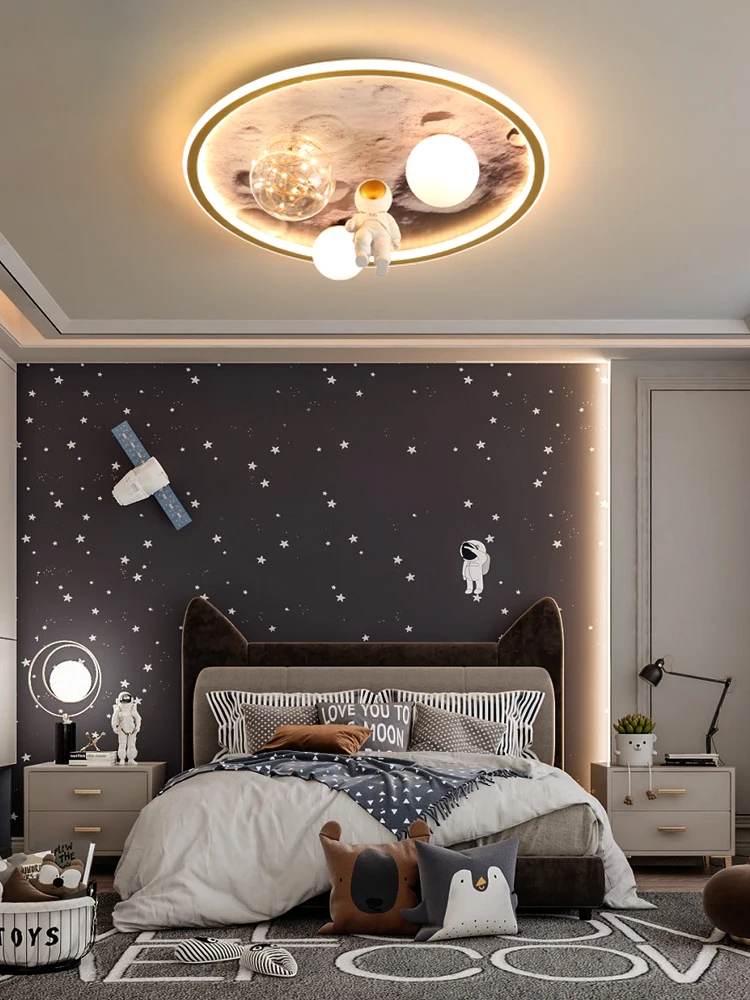 Imagem -02 - Modern Astronaut Led Teto Lâmpadas para Quarto das Crianças Quarto Estudo Crianças Bebê Desenhos Animados Lua Cinza Lustre Luminárias Domésticas