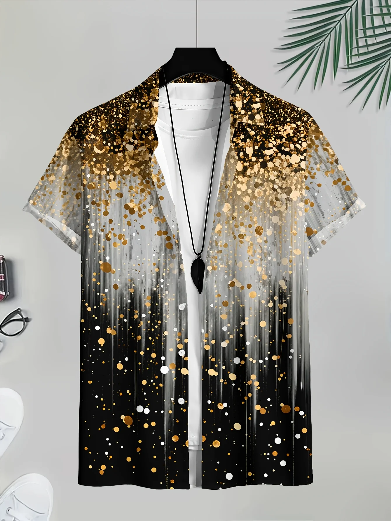 Men Black‑Gold Gradient Golden Glitter Spot Art Print Short Sleeve Shirt Lapel Button‑up Vacation Casual Top