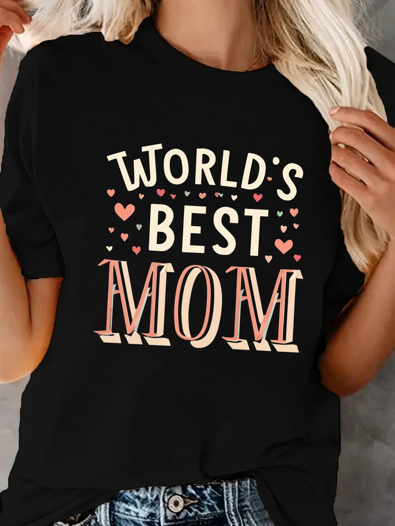 

World's Best Mom Print T-shirt, Casual Crew Neck Short Sleeve Top For Spring & Summer, Women's Clothing shirts