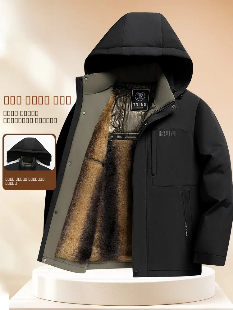 

Thiened Fce Lined Dad Parka Cotton Jaet Men's Winter Warm Coat Mink Velvet Casual Sle Stand Fit Zipper Closure