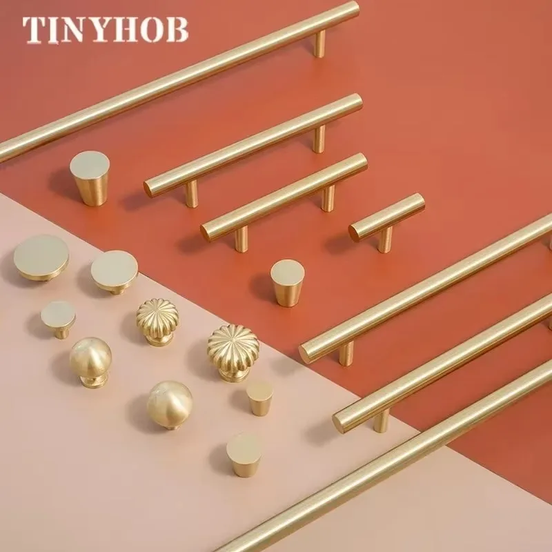 Tinyhob Gold Solid Brass Cabinet Handles Furniture Bathroom Drawer Pulls Drawer T Bar Kitchen Furniture Handle Hardware