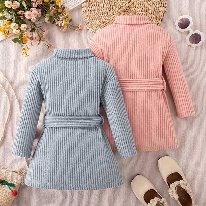 Girls Knitted Dress Autumn Season High Collar Long Sleeve Waist-Cinching Two-Piece Set Stripe Pattern Fashionable Kids Clothing