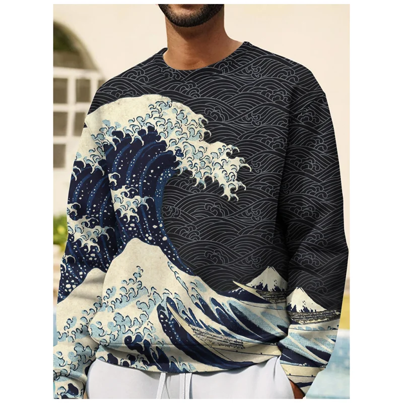 3D Print Japanese Ukiyoe Wave Hoodie For Men Devil Fish Jellyfish Graphic Sweatshirt Casual O-Neck Pullover Hoodies Long Sleeves