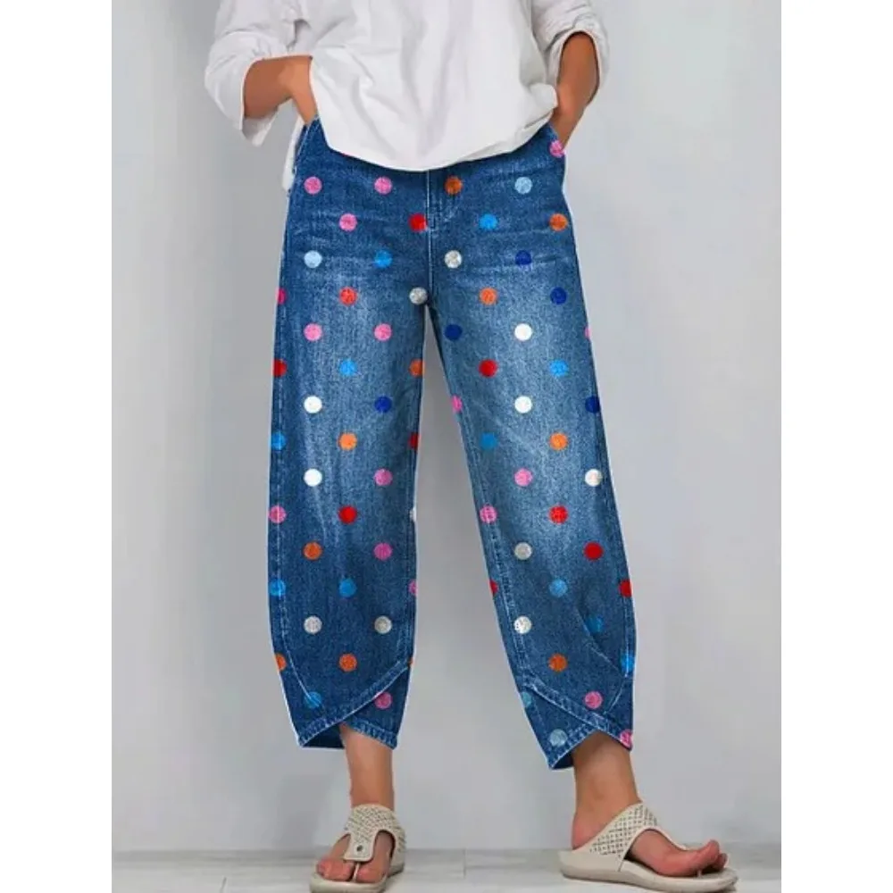 Damen Baumwoll-Caprihose, locker geschnitten, lässig, Boho-Stil, weites Bein, knöchellang, Vintage, elastischer Bund, Sommer, Strandurlaub, Alltagskleidung – Detail 7