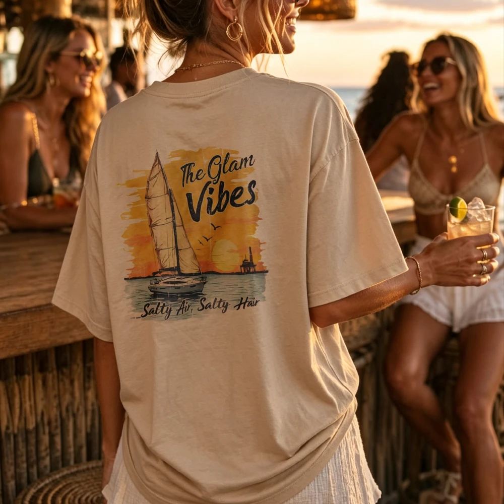 Beige Oversized Sailboat Beach Scene Crew Neck Short Sleeve Top Watercolor Sunset Birds Dock