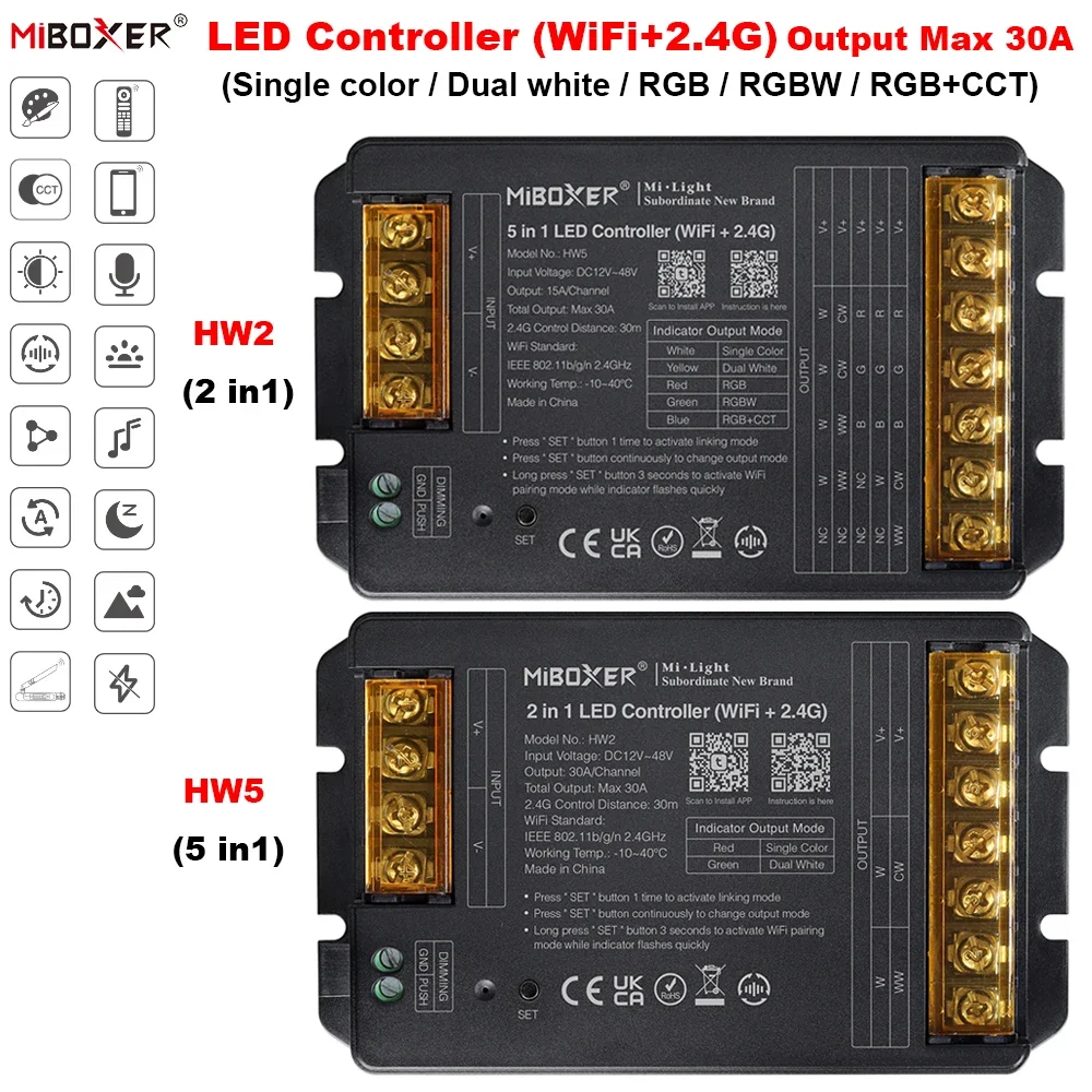 controlador led wi fi 24g saida max 30a cor unica branco duplo rgb rgbw rgb mais cct controle de aplicativos alexa google miboxer5 in 01