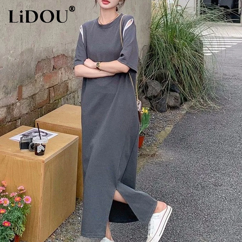 Lato nowy Oversize jednolity kolor okrągły dekolt z krótkim rękawem t-shirt sukienka damska moda pusta wygodne, dopasowane sukienki Maxi