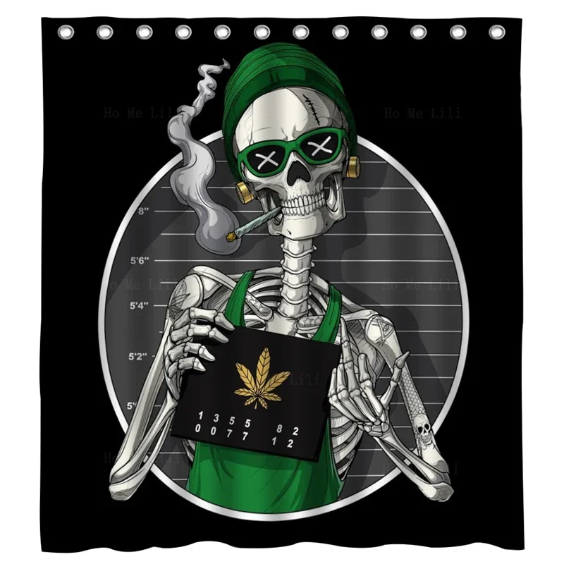 Pothead Skeleton Stoner Smoking Weed Mugshot Psychedelic Skull Hippie Art Print Waterproof Shower Curtains By Ho Me Lili