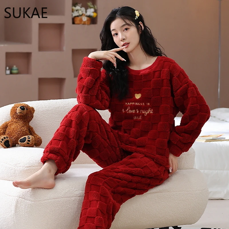 SUKAE Fashion Women Winter Thermal Pajama Set Plus Size M-5XL Big Teddy Sleepwear for Girl Leisure Long Sleeves Fluffy Nightwear