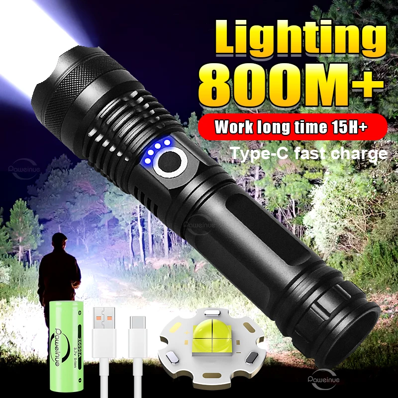 

2024 High Power LED Flashlight Rechargeable Ultra Powerful Torch 4 Core Hand Lantern Zoomable 5 Lighting Modes Use of Alloy Make