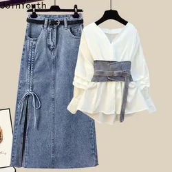 Y2k  Fashion Skirt Outfits 3 Piece Sets Women's Clothing Tunic Girdle Slim Waist Shirt High Waist Drawstring Denim Skirts Suit