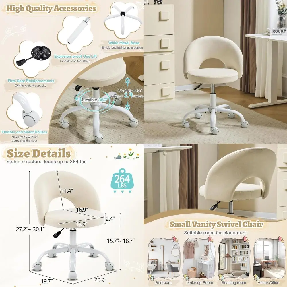 

Регулируемое по высоте поворотное кресло для девочек, кресло для макияжа на колесиках, светло-желтый лен, подходит для небольших помещений