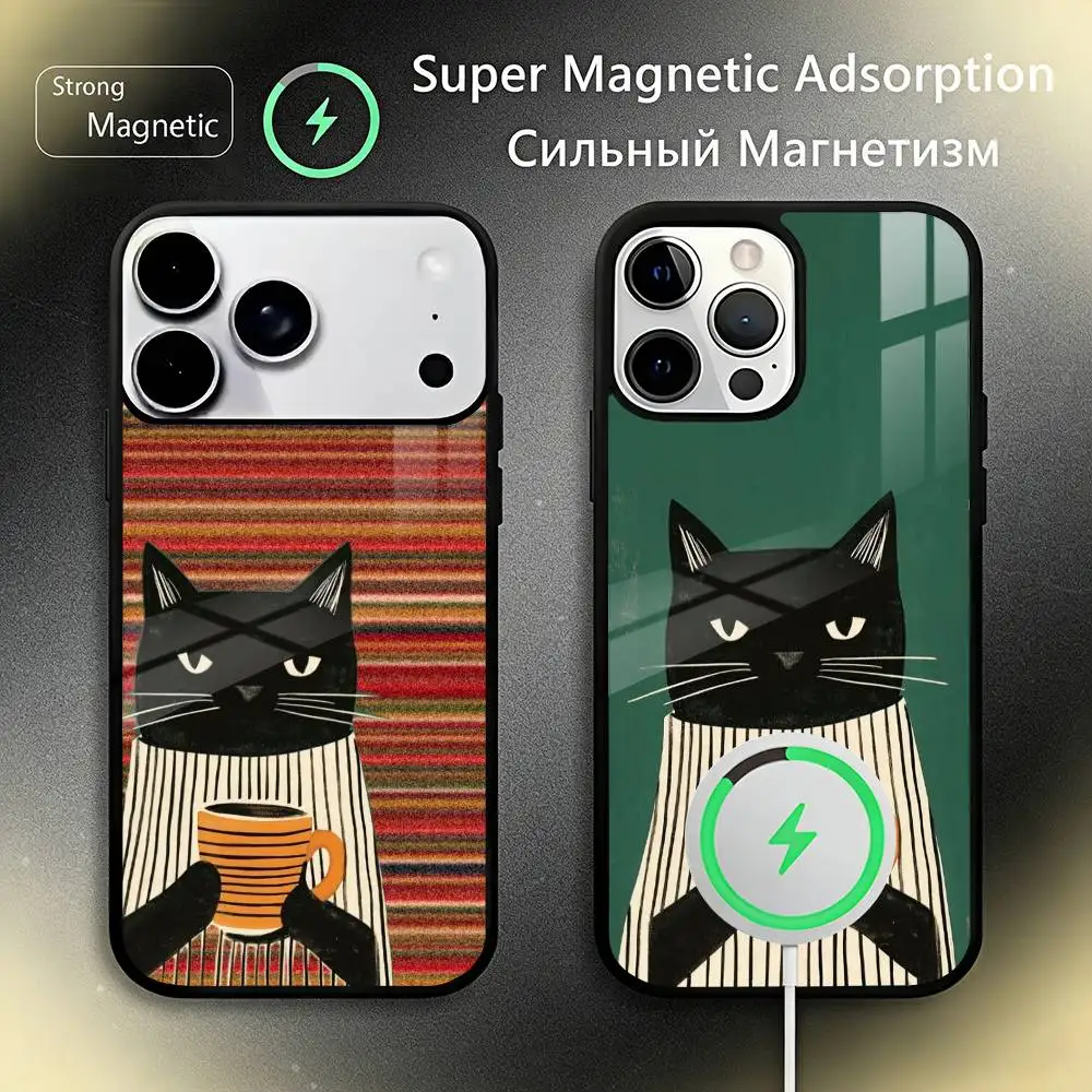 

Striped Coffee Cat Phone Case For iPhone17,16,15,14,13,12,11 Plus,Pro Max, New Magnetic Wireless Charging