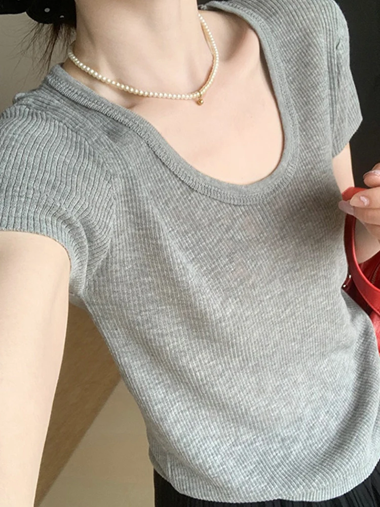 Slim Fit Ice Silk ort Sve T-shirt Gebreide Top Ademend Faion Design Dames Zomer irt Koreaanse Sle Pendelen Wind