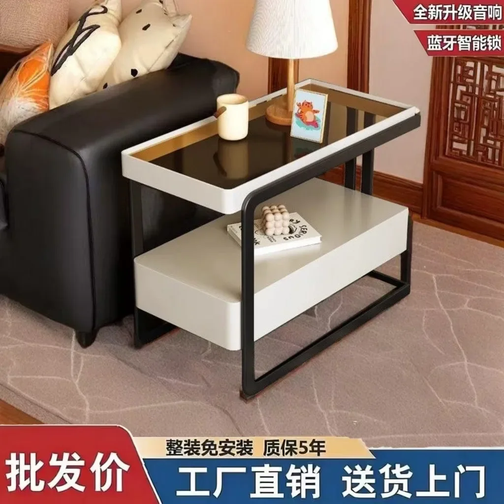 Solid wood wrought iron sofa edge corner few household living room small coffee table movable with Bluetooth stereo bedside side