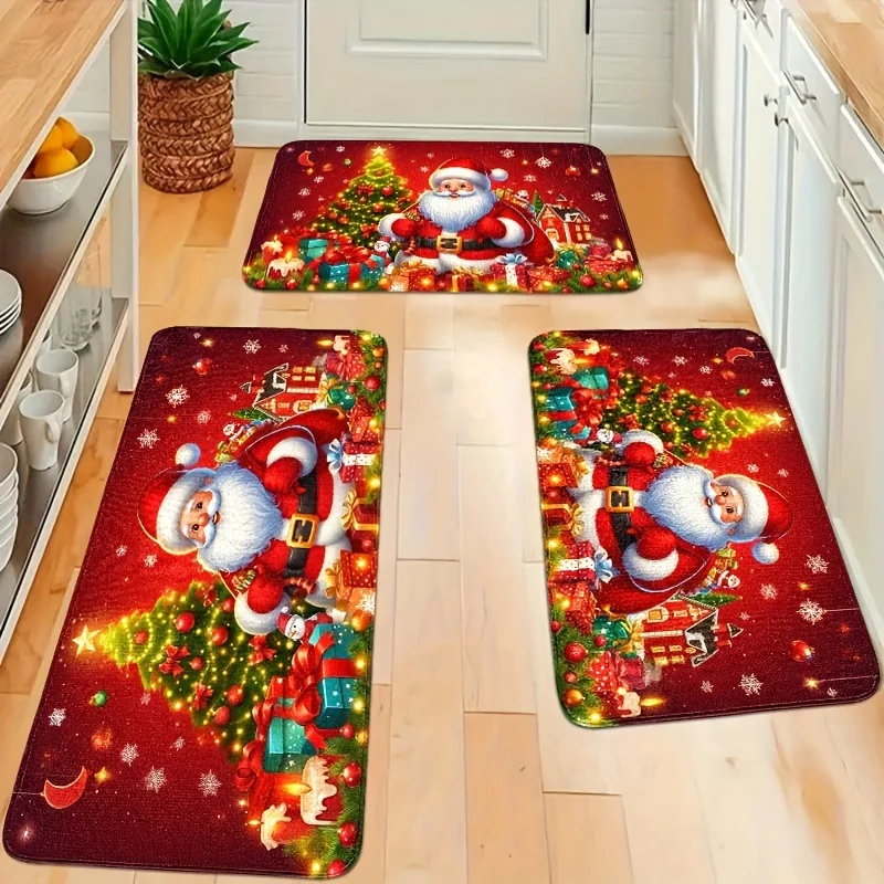 Cartoon Santa Snowflake Gift Kitchen Mat, Fleece Non-Slip Floor Rug for Bedroom Living Room Kitchen Bathroom Holiday Decor