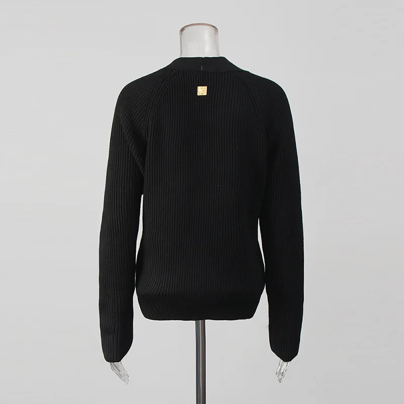 Mode patchwork metalen knop gebreide trui voor dames effen v-hals lange mouwen elegante vest met enkele rij knopen bovenkleding