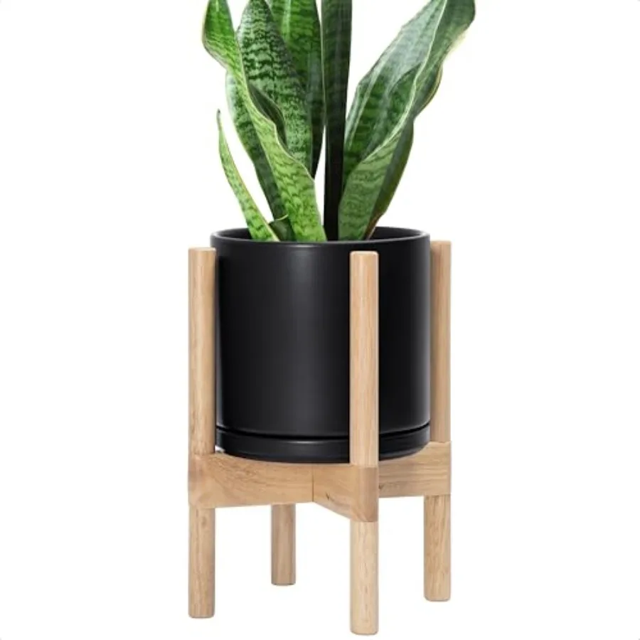 

Керамическое кашпо с натуральной подставкой - 8-дюймовый современный круглый цветочный горшок с деревянной подставкой, черный 55-B-N-2