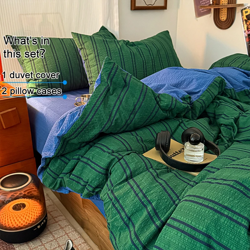 Vintage Dark Green Vertical Stripe Bubble Crinkle 3-Piece Bedding Set,1 Duvet Cover and 2 Pillowcases,Breathable Duvet Cover Set